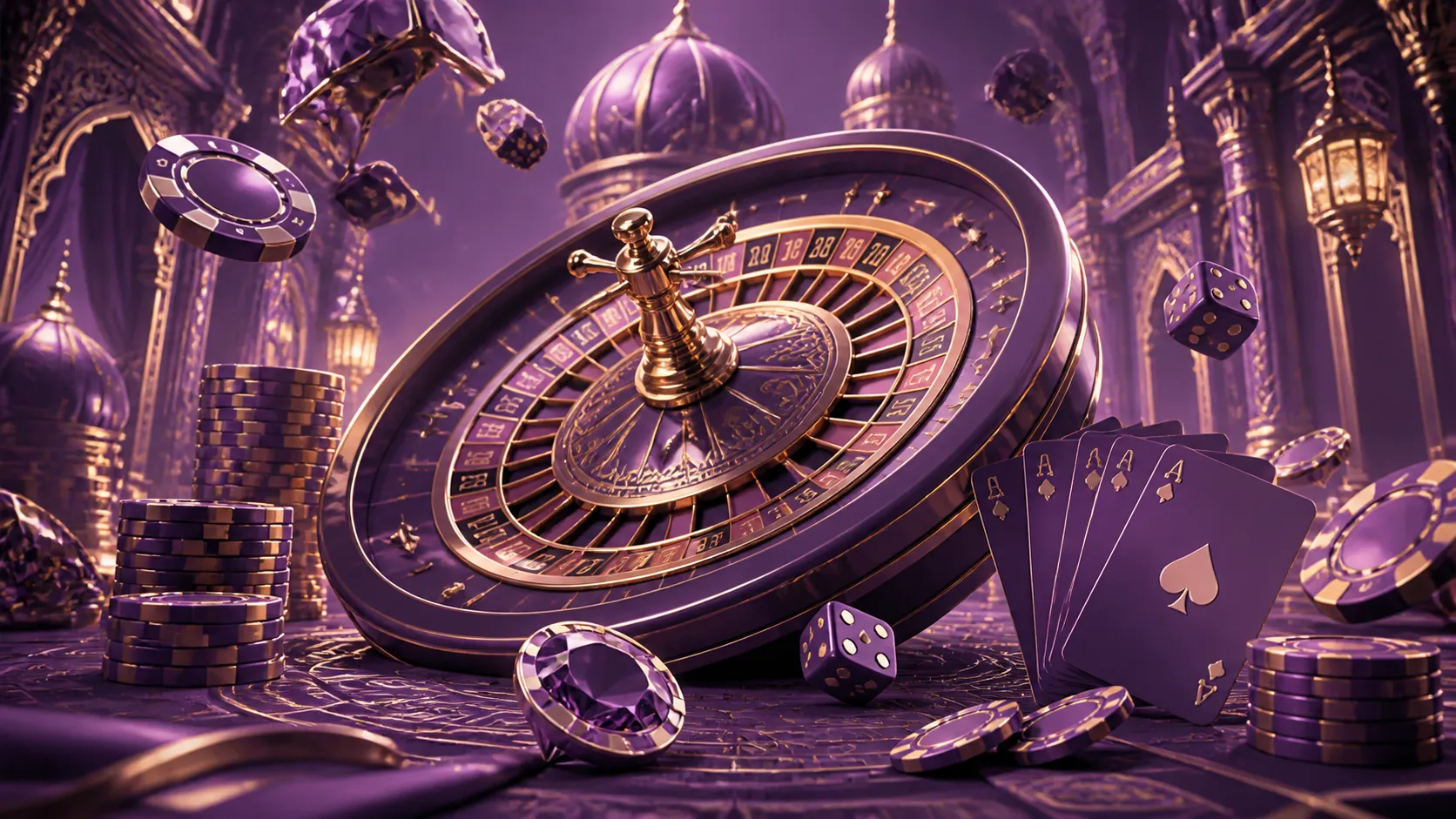 Atefia-themed futuristic casino with holographic elements, translucent poker chips and a glowing roulette wheel, set in a lux